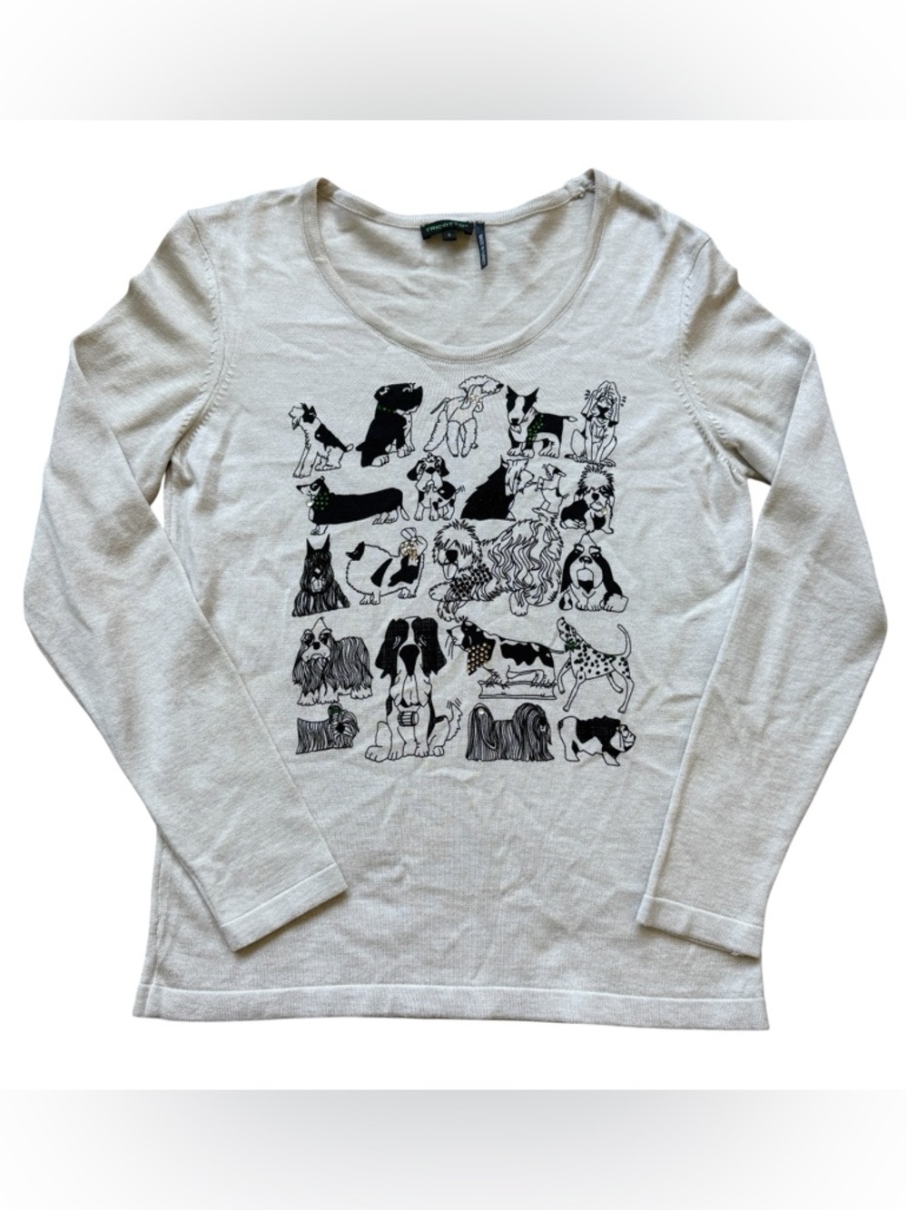 Tricotto Dog Print Sweater Small Cream Knit Novelty Graphic Dogs Embellished Top